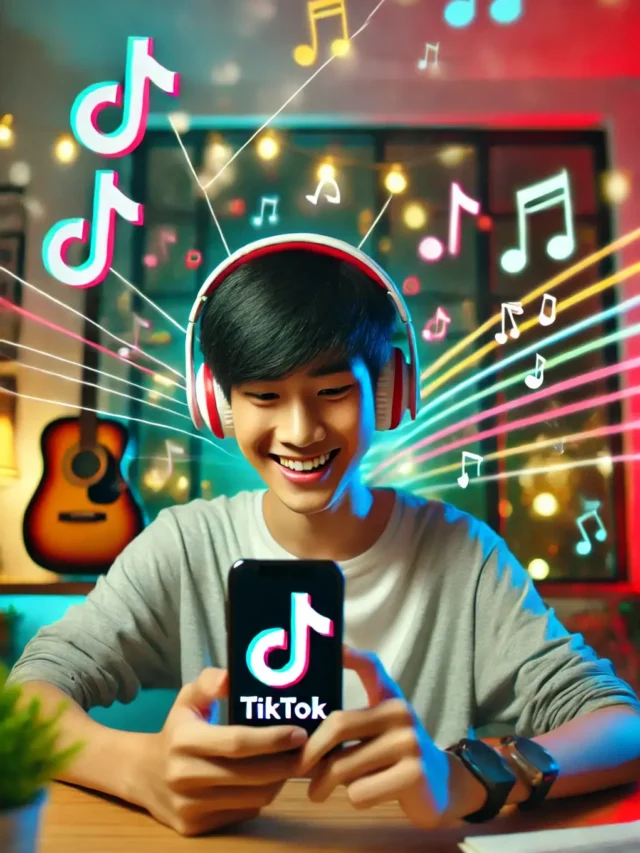 DALL·E 2024-07-07 20.34.21 - A young person using TikTok on a smartphone, wearing headphones, and smiling while listening to music. The background is colorful and lively, with mus (1)