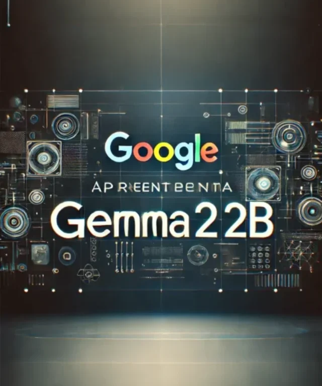 DALL·E 2024-08-01 13.33.47 - A sleek, modern digital interface background with the Google logo prominently displayed. Text overlay_ 'Google Apresenta Gemma 2 2B' in bold, futurist